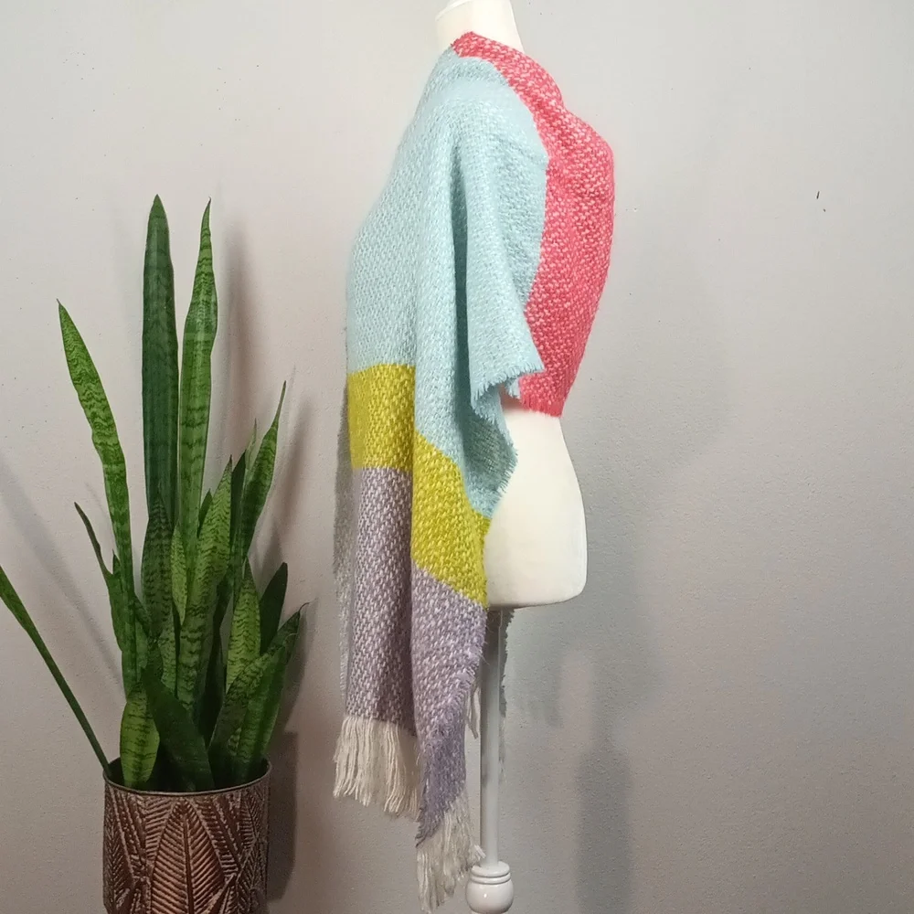 Womens Colorblock Textured Fringe Long Knit Scandi Girl Boho Scarf